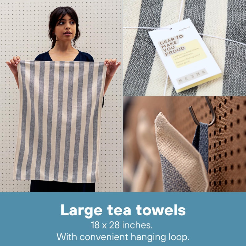 MEEMA Kitchen Towels and Dishcloths Sets of 4 | Large 18 x 28 Inch | Upcycled Cotton Tea Towel | Super Absorbent Cotton Dish Towels for Kitchen | Blue Stripes | Hand Towels - Image 5